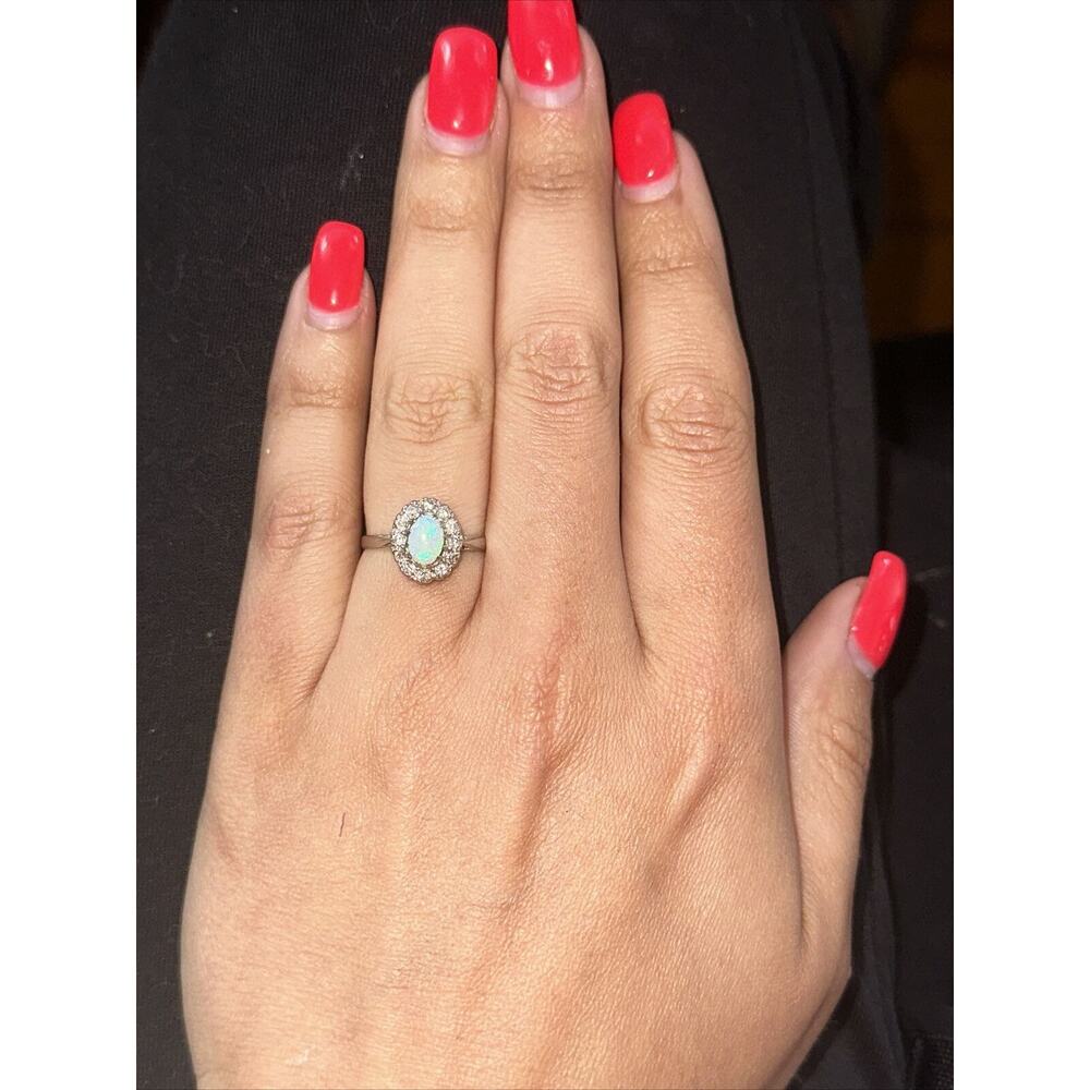 18K White Gold & Opal Ring Surrounded By Diamonds, Size 6 1/2 - Picture 2 of 3